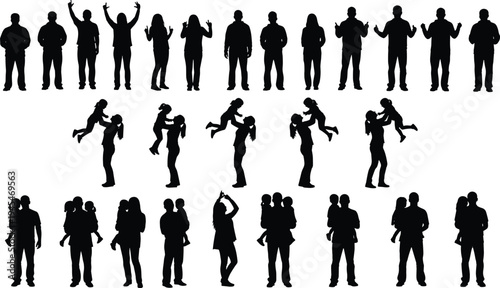 Silhouette adults and children in playful and caregiving poses, lifting, holding, standing together, showing parenting, bonding, love, family unity, and social connection