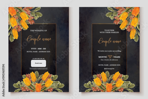WEDDING INVITATION FRAME WITH FLOWER DECORATIONS AND FRESH LEAVES