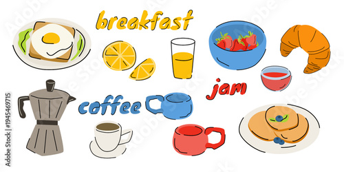 Breakfast Set with Coffee, Fried Egg and Jam Flat Illustration