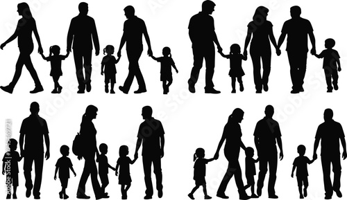 Silhouette families with adults and children walking together, holding hands, standing side by side, showing unity, love, parenting, diversity, and social connection