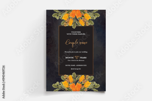 WEDDING INVITATION FRAME WITH FLOWER DECORATIONS AND FRESH LEAVES