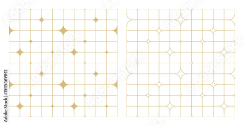 Sparkling Star Seamless Pattern set. Abstract geometric background with gold twinkles. Retro aesthetic grid line patterns bg. Wireframe mesh with magical glow. Vector illustration art
