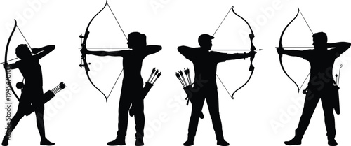 Silhouettes Of Archers With Bows And Arrows In Various Poses On A White Background archery bow and arrow
