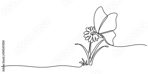 Flower with flying butterfly continuous line art drawing. Plumeria one line symbol. Vector illustration isolated on white, one line realistic butterfly landing on a flower. Monarch butterfly flowers.