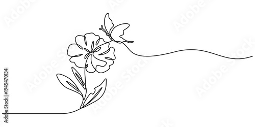 Flower with flying butterfly continuous line art drawing. Plumeria one line symbol. Vector illustration isolated on white, one line realistic butterfly landing on a flower. Monarch butterfly flowers.