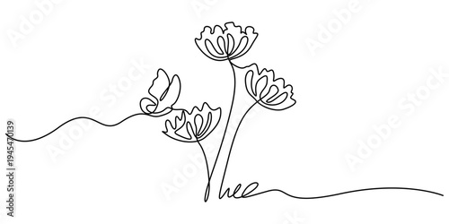 Flower with flying butterfly continuous line art drawing. Plumeria one line symbol. Vector illustration isolated on white, one line realistic butterfly landing on a flower. Monarch butterfly flowers.