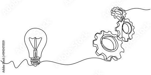 Continuous line drawing of light bulb with gears, innovative and technological idea concept, Single continuous line symbol of machine wheel gears and light bulb vector illustration. Cogwheel one line.