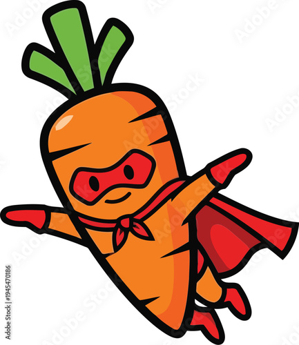 Vector  illustration of Superhero carrot mascot character flying, isolated on transparent background