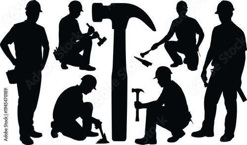 Silhouettes of Construction Workers and Tools Including Hammers and Saws on a White Background builder