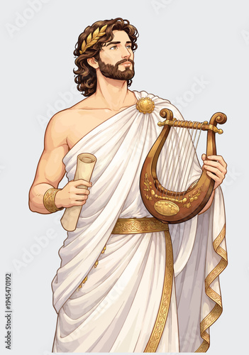 072-37-Greek god apollo wearing a laurel wreath and toga, holding a lyre and ancient scroll
