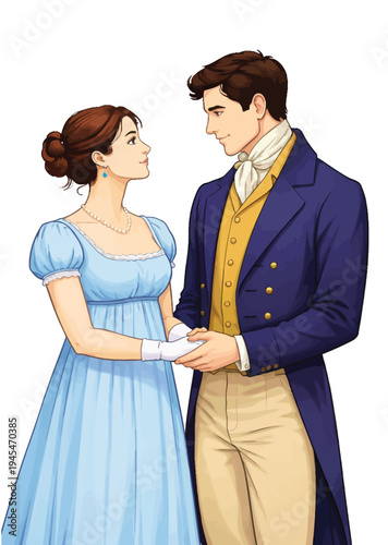 072-39-Regency period couple standing face to face, holding hands, and sharing a romantic moment