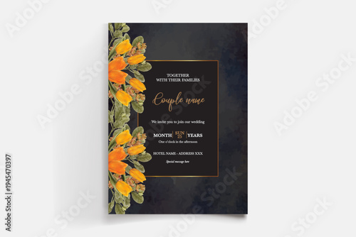 WEDDING INVITATION FRAME WITH FLOWER DECORATIONS AND FRESH LEAVES