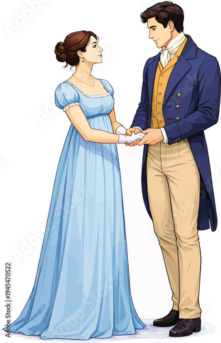 072-40-Regency period couple standing face to face, holding hands, and sharing a romantic moment