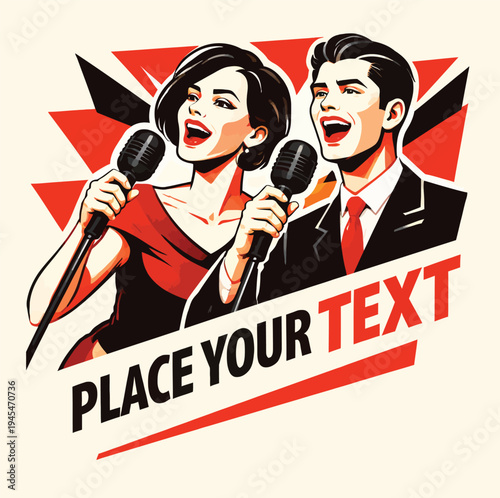 072-44-Man and woman performing a song on stage with vintage microphones, placeholder text for customization