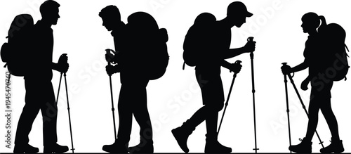 Silhouettes of four hikers with backpacks and trekking poles on a white background illustration aaaa