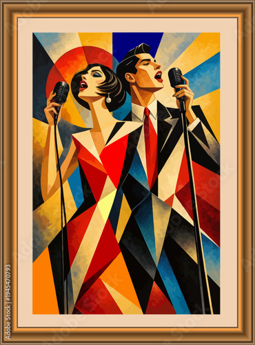072-45-Two vocalists singing into microphones, featuring geometric cubism art style
