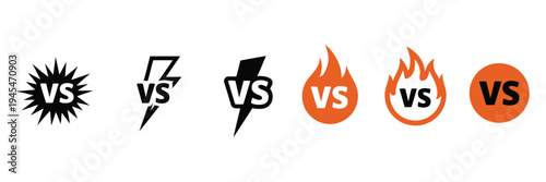 competition vs icon set, six vector versus logos with energetic designs for sports matches, gaming battles, tournament graphics, esports branding, interface elements, streaming overlays.