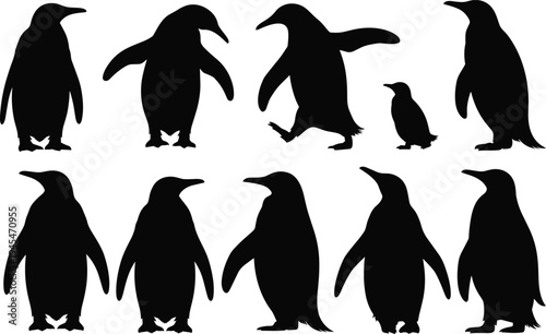 Ten Black Silhouettes of Penguins in Different Poses and Sizes on a White Background bird animal