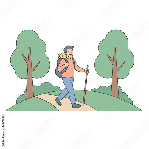 Man hiking on a serene forest path with trees and backpack