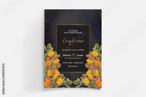 WEDDING INVITATION FRAME WITH FLOWER DECORATIONS AND FRESH LEAVES