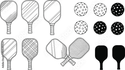 Pickleball paddle and ball icon set vector illustration, pickleball equipment collection isolated sport racket and perforated ball symbols