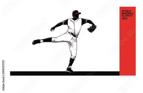 Baseball Pitcher Windup Silhouette, World Baseball Classic Vector Sticker, National Team Athlete Action Illustration