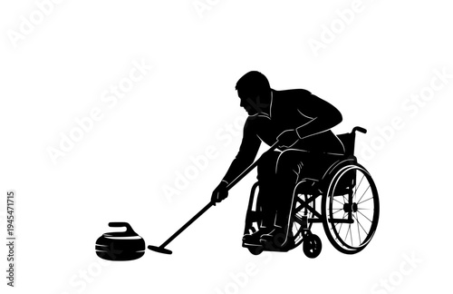 Wheelchair Curling Athlete Silhouette, Winter Paralympic Sports Vector Sticker, Adaptive Curling Stone Delivery Icon