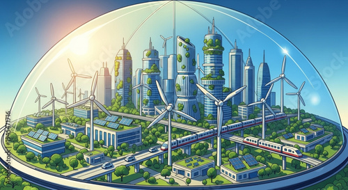 Futuristic eco-city enclosed in a dome with renewable energy sources and green architecture