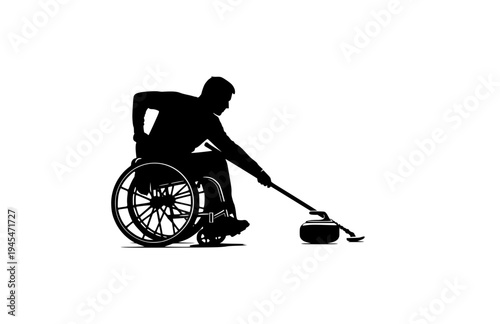 Wheelchair Curling Athlete Silhouette, Winter Paralympic Sports Vector Sticker, Adaptive Curling Stone Delivery Icon