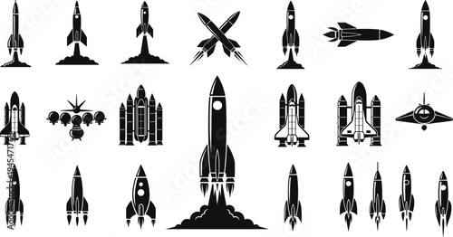 Rocket spaceship silhouette icon set vector illustration, space launch rocket collection including shuttle spacecraft and missile isolated technology symbols