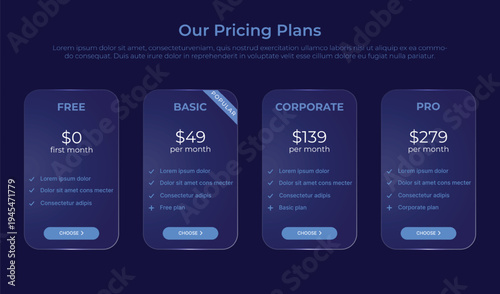 Pricing plans user interface design for subscription membership