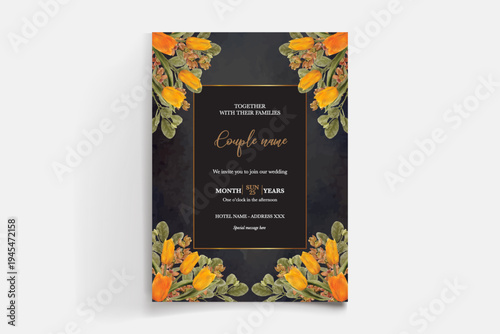 WEDDING INVITATION FRAME WITH FLOWER DECORATIONS AND FRESH LEAVES