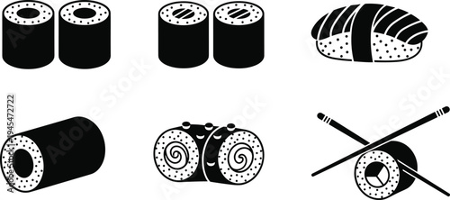Sushi roll icon set vector illustration, Japanese sushi food collection with chopsticks isolated Asian cuisine symbols for restaurant menu design