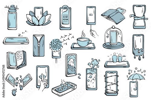 Digital Detox and Smartphone Addiction Icon Set for Social Media Break, Mobile Overload and Tech Toxicity. Hand drawn style, doodle.