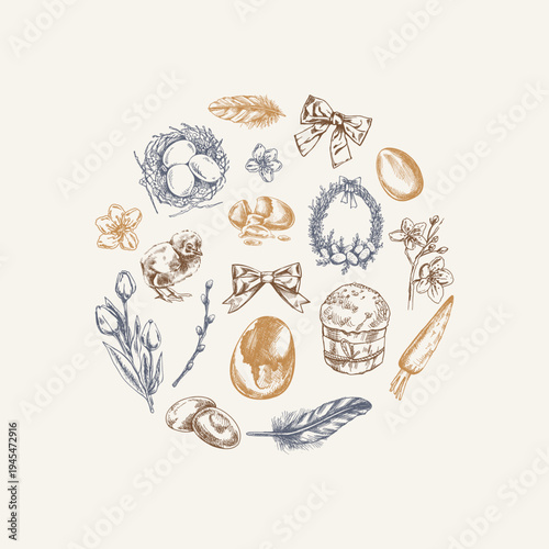 Hand drawn vintage easter decorative set with egg chick feather ribbon flower branch engraved illustration