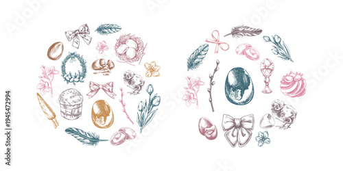 Hand drawn vintage easter decorative sets with egg chick feather ribbon flower branch colored illustration