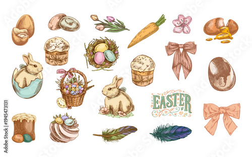 Hand drawn vintage easter illustration set with rabbit eggs basket cake feather ribbon spring elements