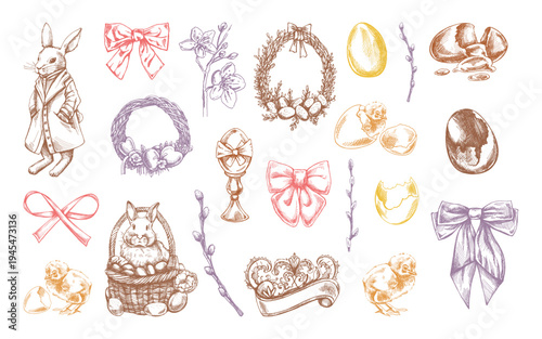 Hand drawn vintage easter illustration set with rabbit eggs chick wreath ribbon bow spring elements