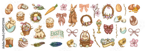 Hand drawn vintage easter decorative set with rabbit eggs basket wreath cake feather ribbon spring elements