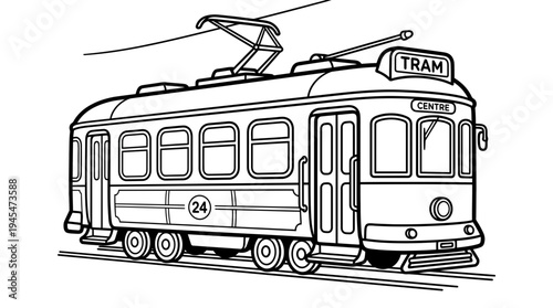 Vintage tram illustration, black and white line art, public transport concept
