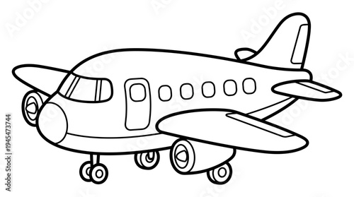Cartoon airplane outline, simple line art drawing of a jet