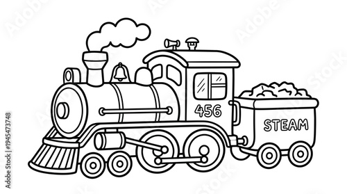 Cartoon steam train with coal car, black and white outline drawing