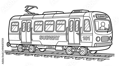 Cartoon subway train on tracks, line art illustration