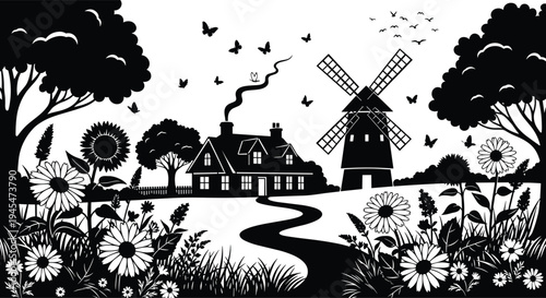 Countryside windmill cottage landscape silhouette, blooming flower garden, rural village scenery with pathway, vintage farm nature illustration scene