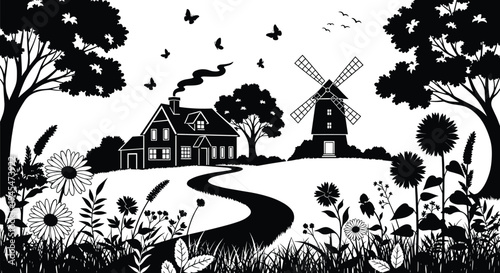 Countryside landscape silhouette with cottage, windmill, flowers, trees and winding path, peaceful rural nature vector illustration scene