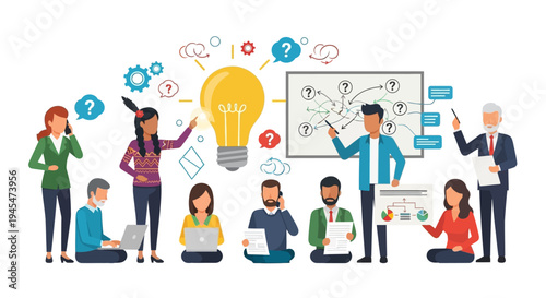 group of people brainstorming ideas with light bulb and flowchart