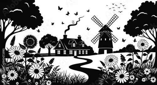 Countryside windmill landscape silhouette illustration, rural cottage with flowers, scenic village nature scene, garden pathway, vintage farm countryside