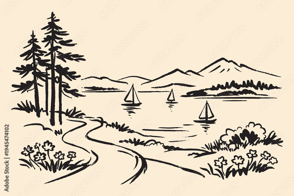 Naklejka premium Lake mountain sailboats ink sketch vector illustration