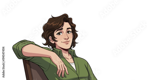 cartoon man sitting in chair smiling green shirt