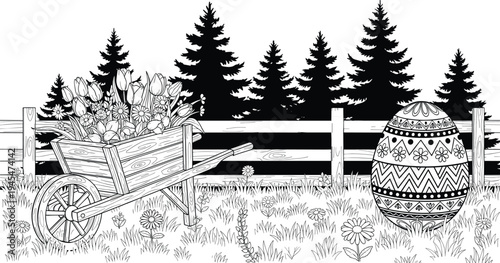 Easter egg and flower cart in countryside garden with wooden fence and pine trees, spring holiday illustration scene